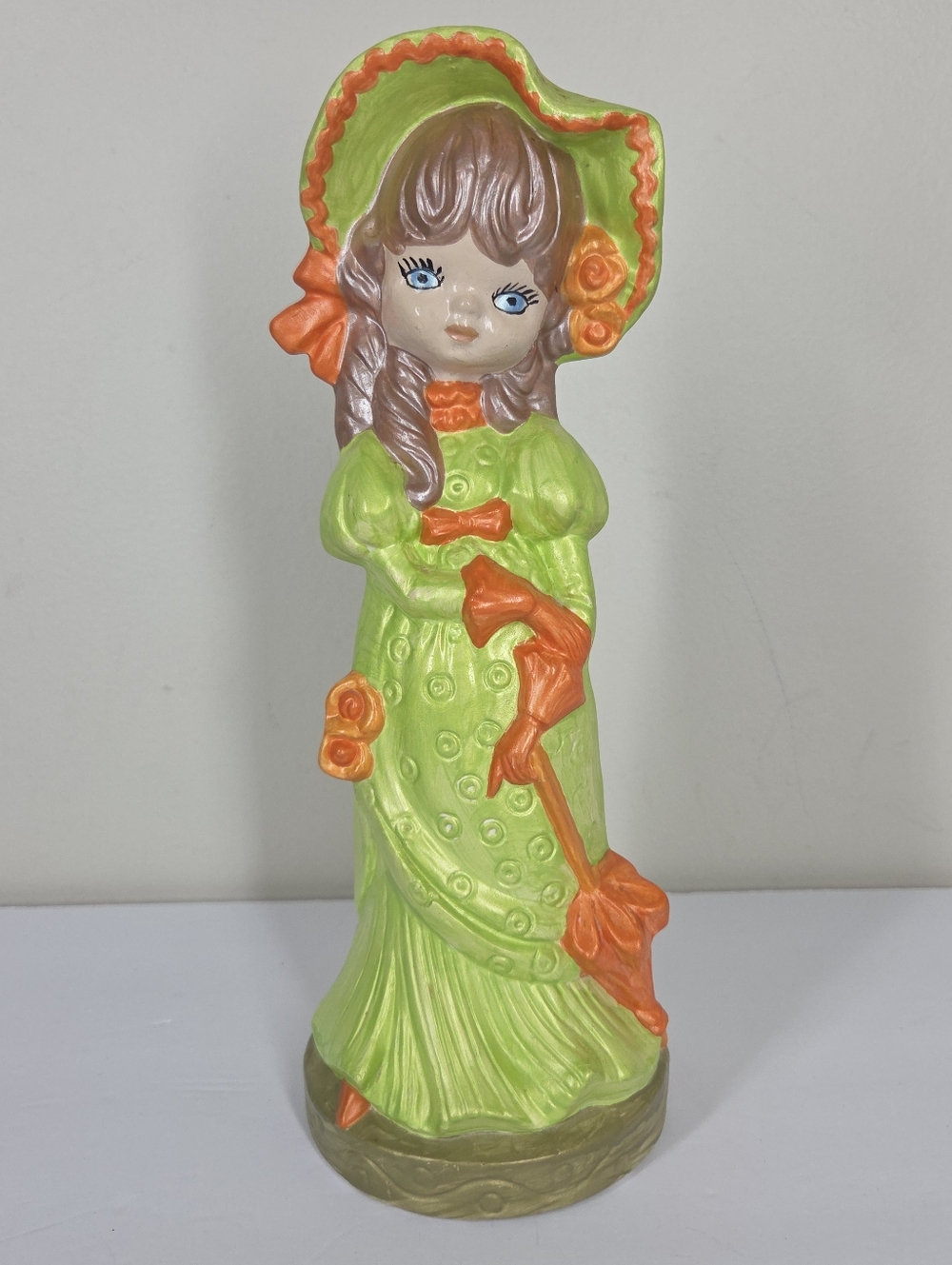 Vtg 70s Hand Painted Big Eye Girl Ceramic Figure Orange Green Kitsch Retro